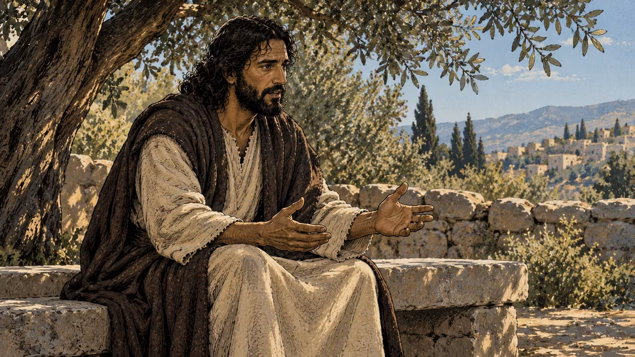 Jesus speaks with empty open hands while seated beneath an olive arbor.