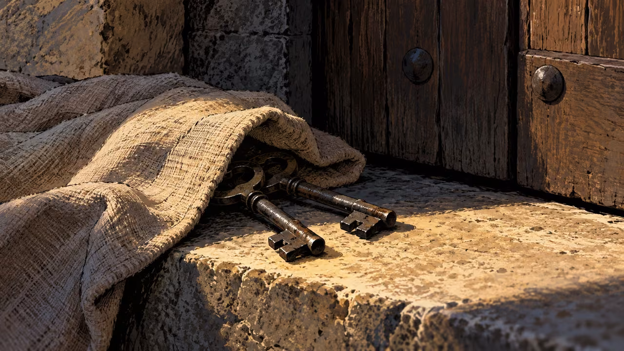 Ancient keys lie partly hidden beneath cloth beside a closed door.