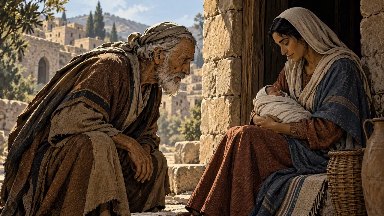 An elderly man leans attentively toward a swaddled infant held by its mother.