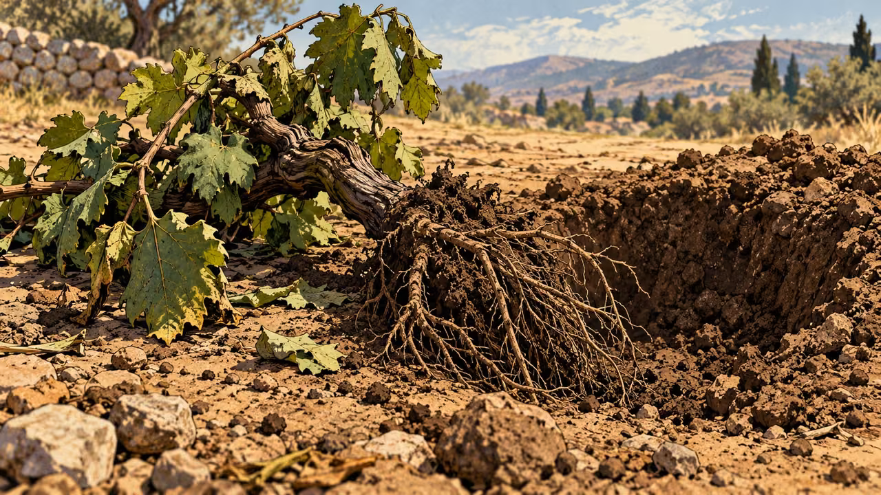 A grapevine lies uprooted beside a shallow hole with its roots exposed.