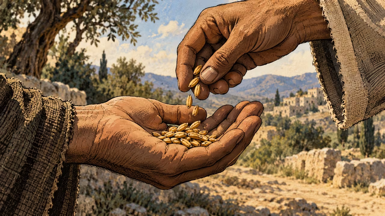 One adult hand adds grain to another hand that already holds some.