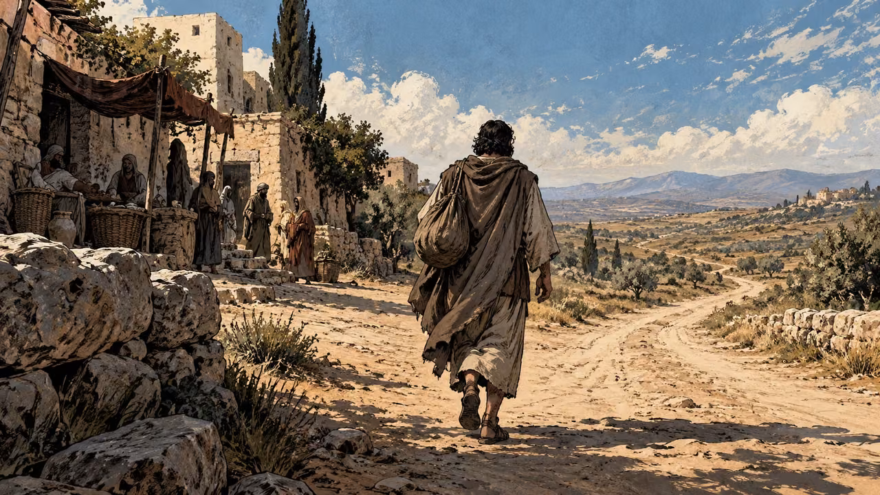 A traveler passes a village edge and continues along an open road.