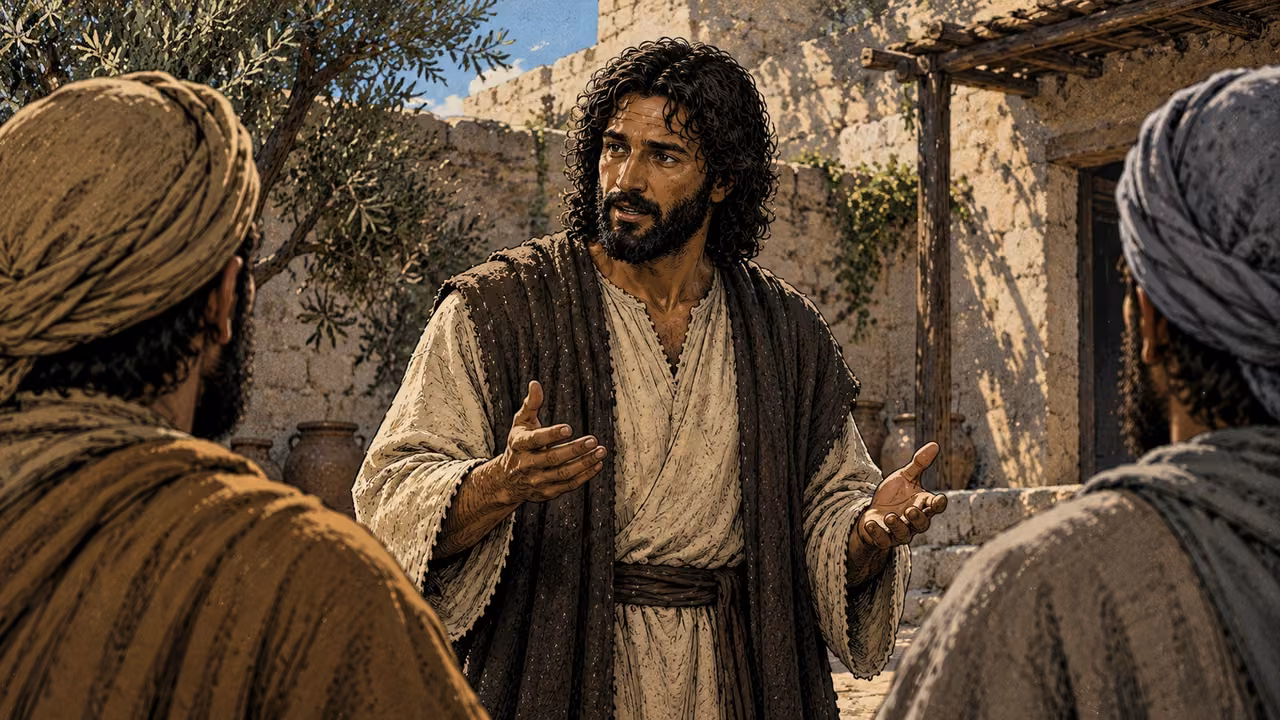 Jesus listens while two disciples face him from the foreground.