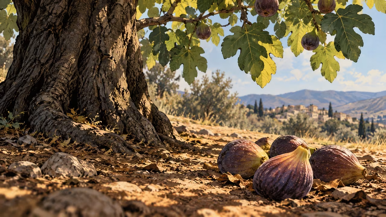 A fig tree’s trunk and a separate cluster of ripe fruit share the orchard foreground.