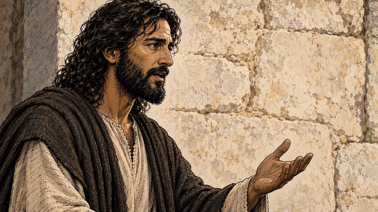 Jesus speaks soberly in profile beside a plain stone wall.