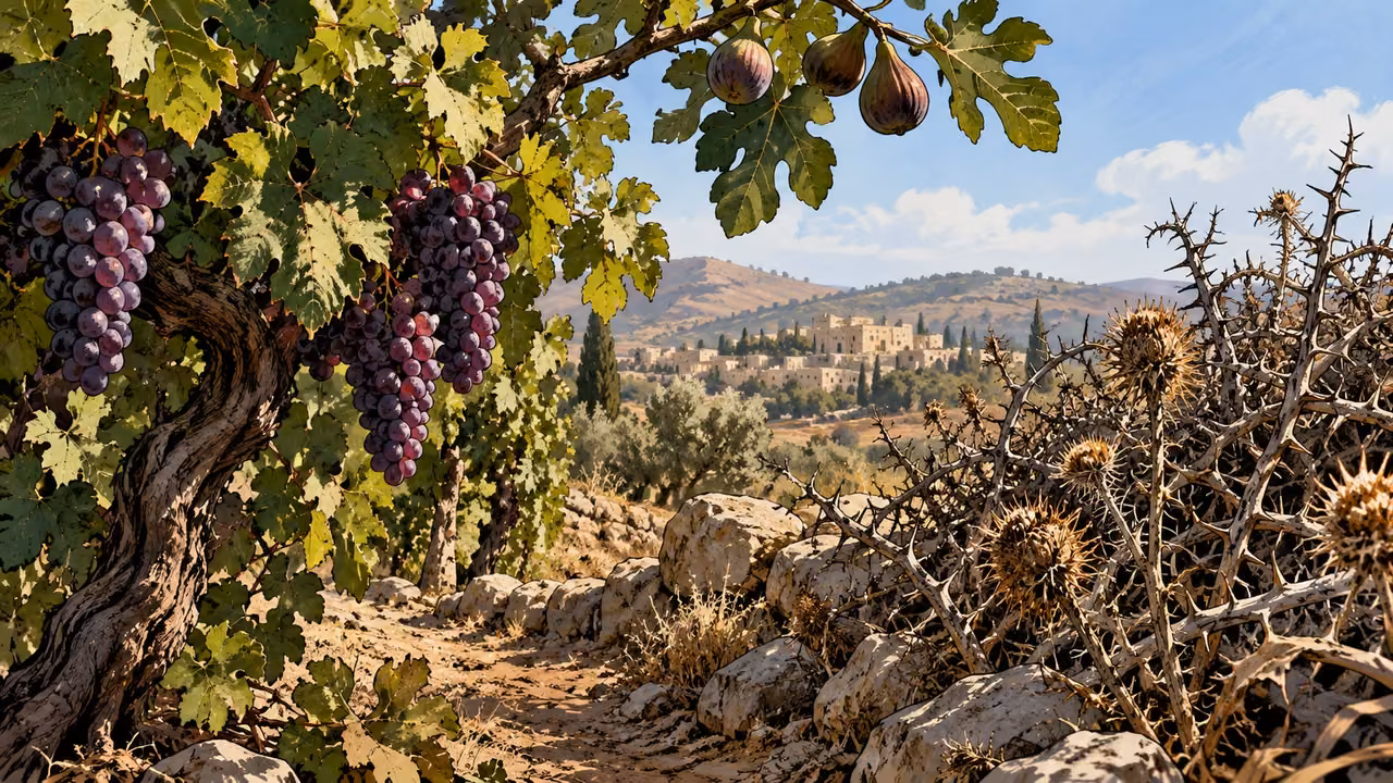 Grapes and figs grow apart from a dry thorny patch at an orchard boundary.