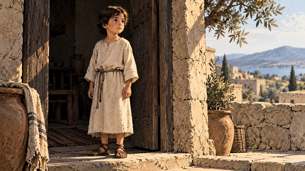 A fully clothed child stands attentively in a plain doorway.