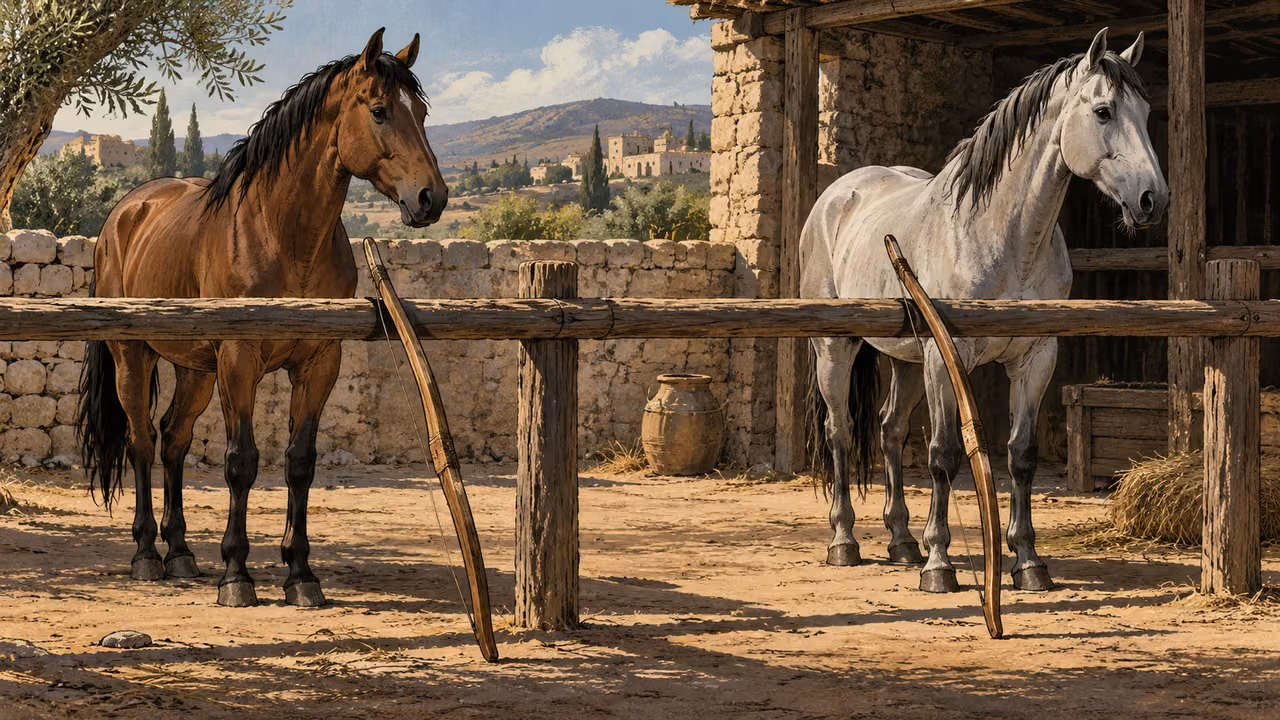 Two horses stand beside a rail with two plain bows in the foreground.