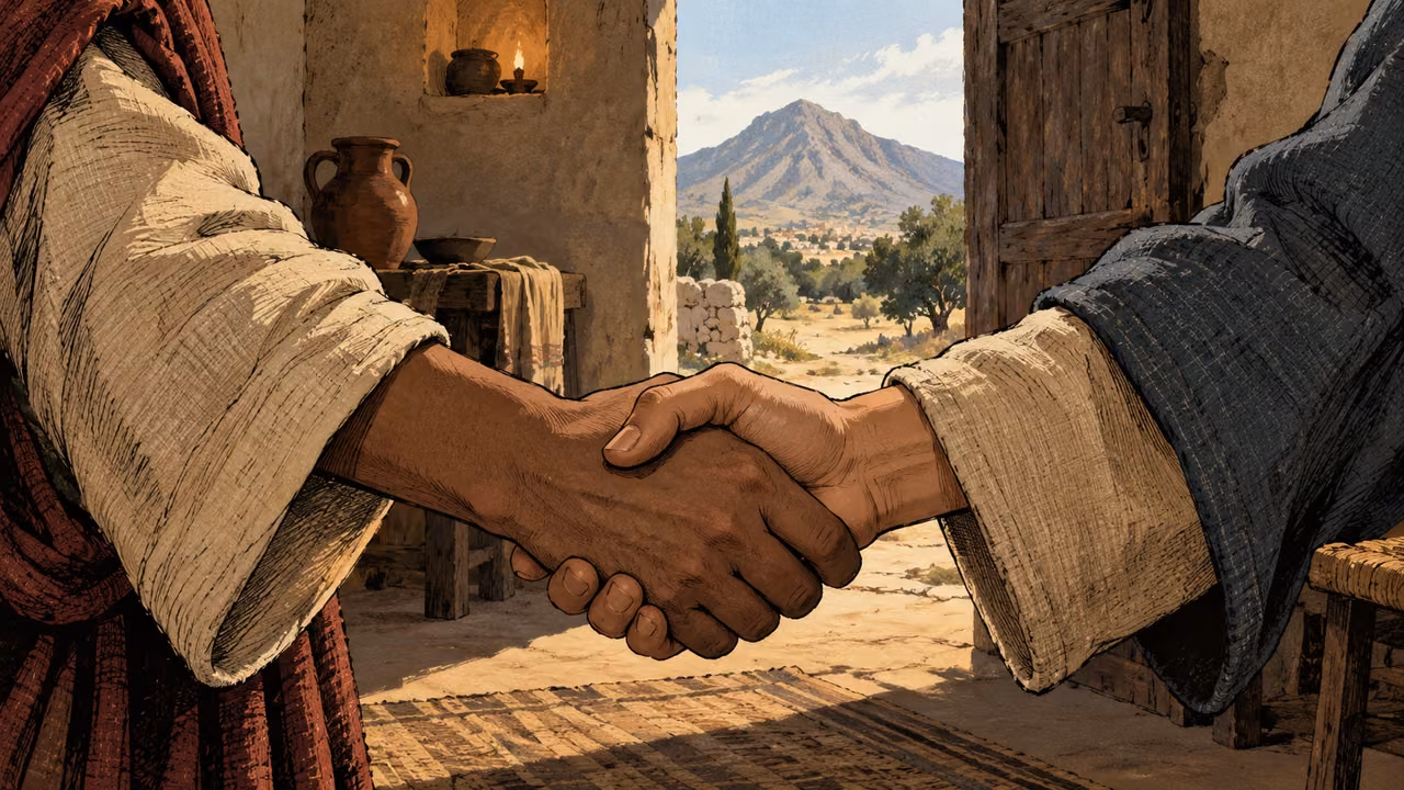 Two hands clasp inside a house with an unmoving mountain visible beyond the doorway.