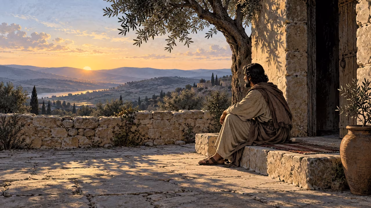 A solitary adult sits quietly near a courtyard threshold at dawn.