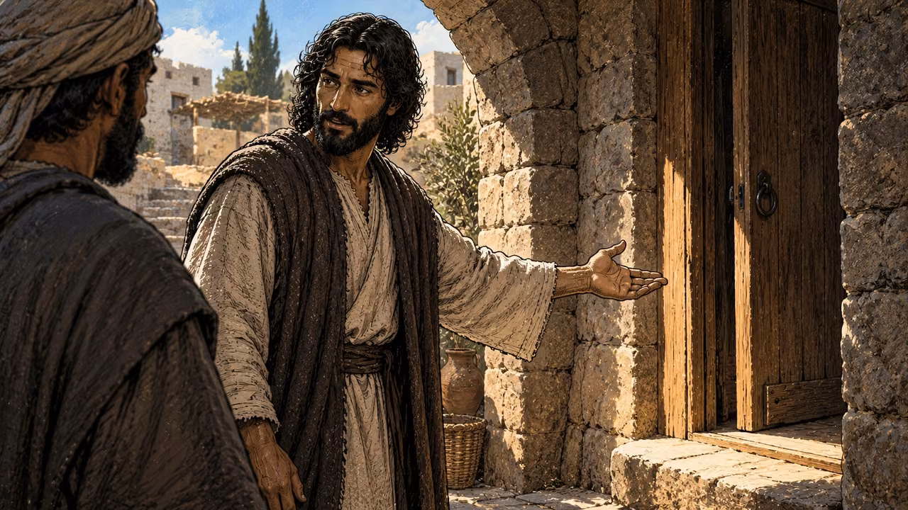 Jesus directs an open hand toward a sunlit stone doorway beside a listener.