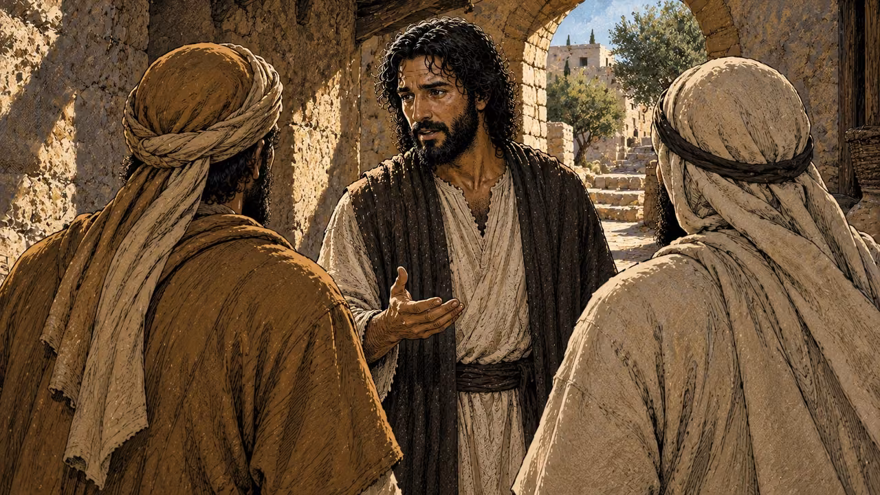 Two disciples question Jesus in a sunlit stone passage.