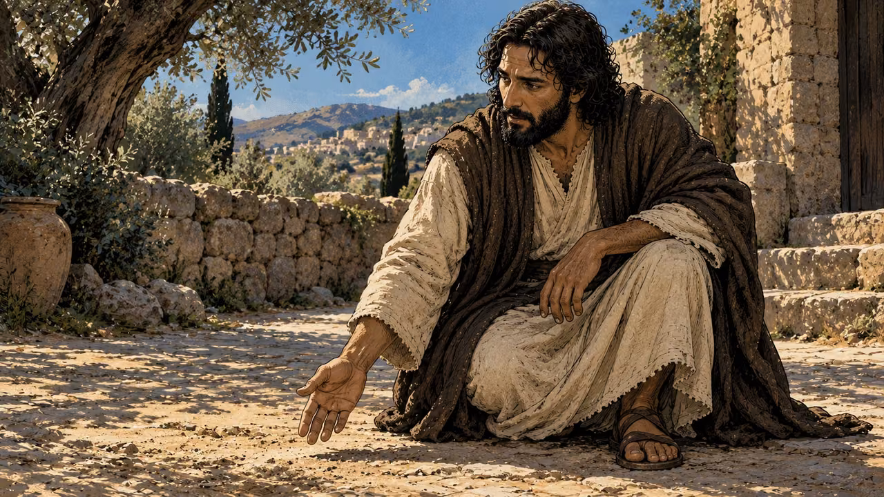 Jesus replies with an empty hand directed toward ordinary sunlit ground.