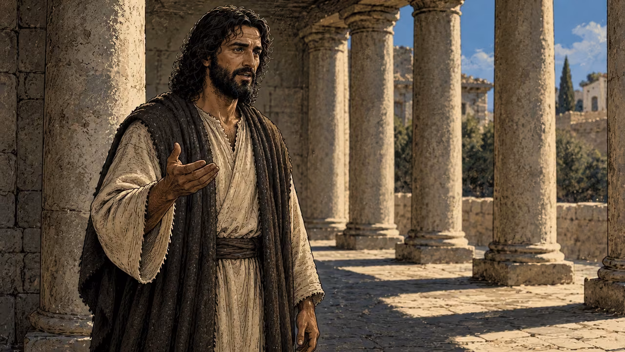 Jesus stands in a plain colonnade and responds with an empty open hand.