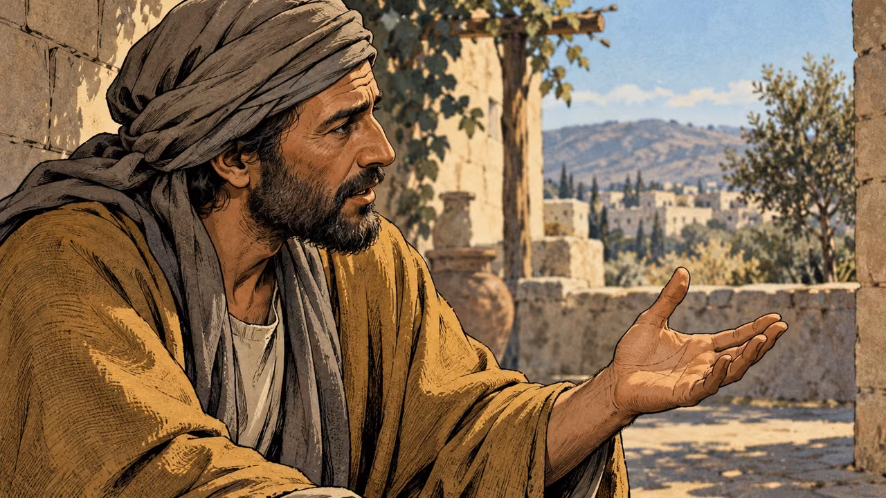 An adult questioner gestures with an empty hand during a conversation.