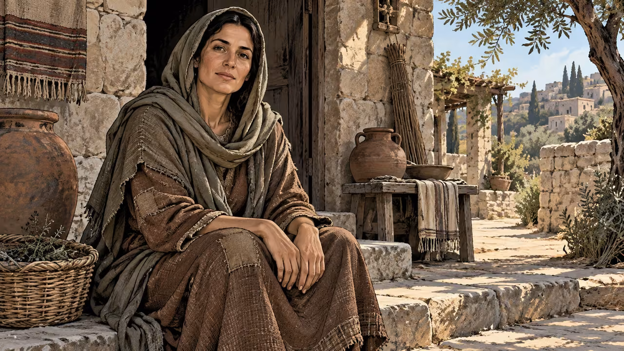 A woman in worn clothing sits with dignity outside a modest home.