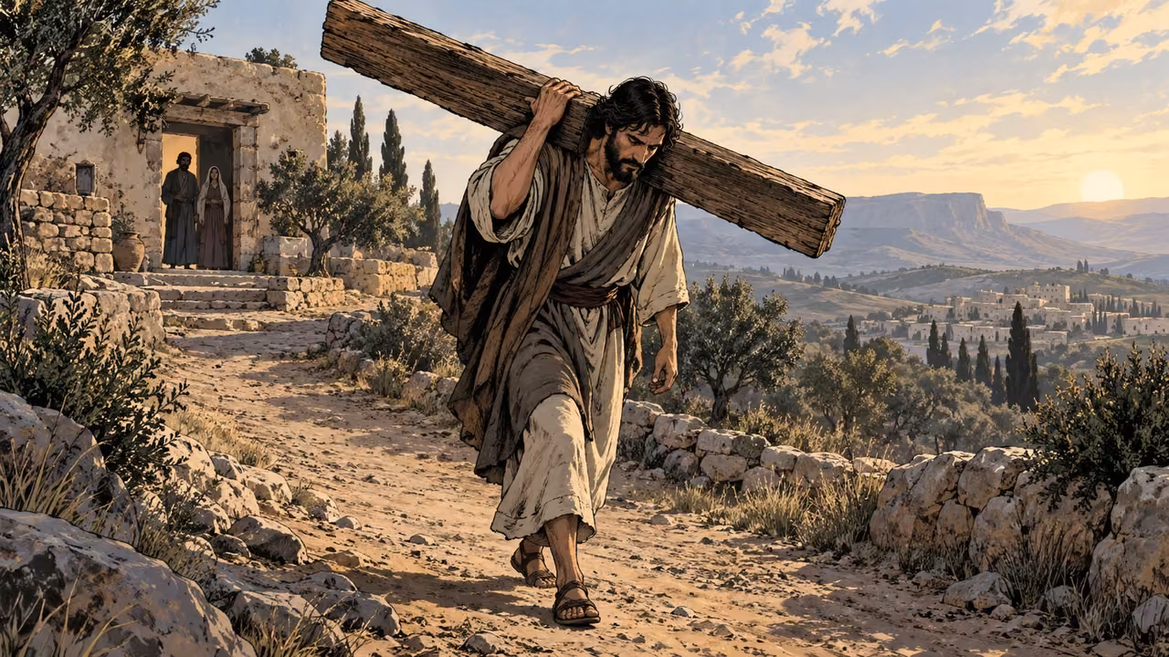 An adult bears a rough crossbeam along a path away from a distant household doorway.