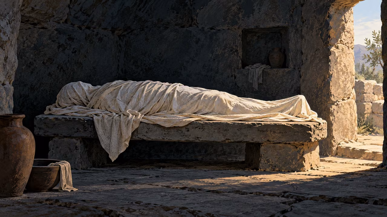 A fully shrouded adult-sized form rests on a low bier in a quiet alcove.