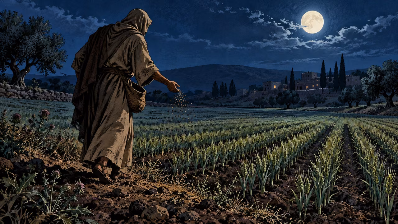 A hooded adult scatters seeds among young grain under moonlight.