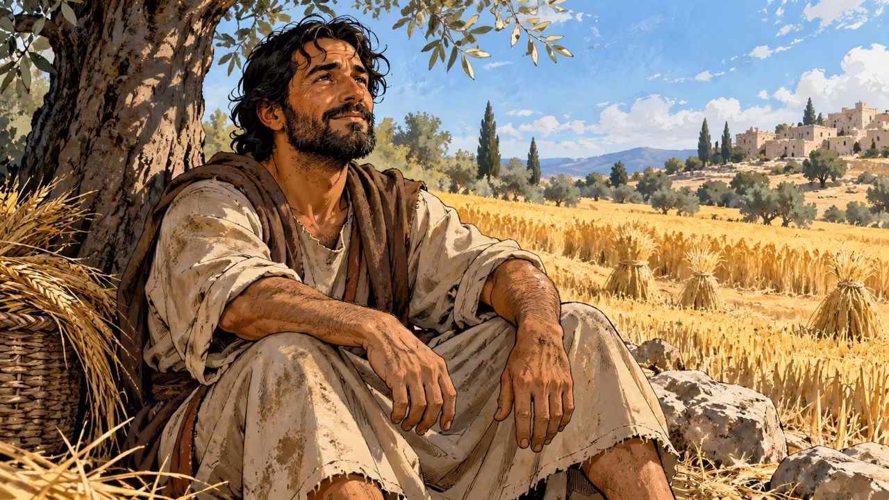 A dusty field worker rests with his hands on his knees.