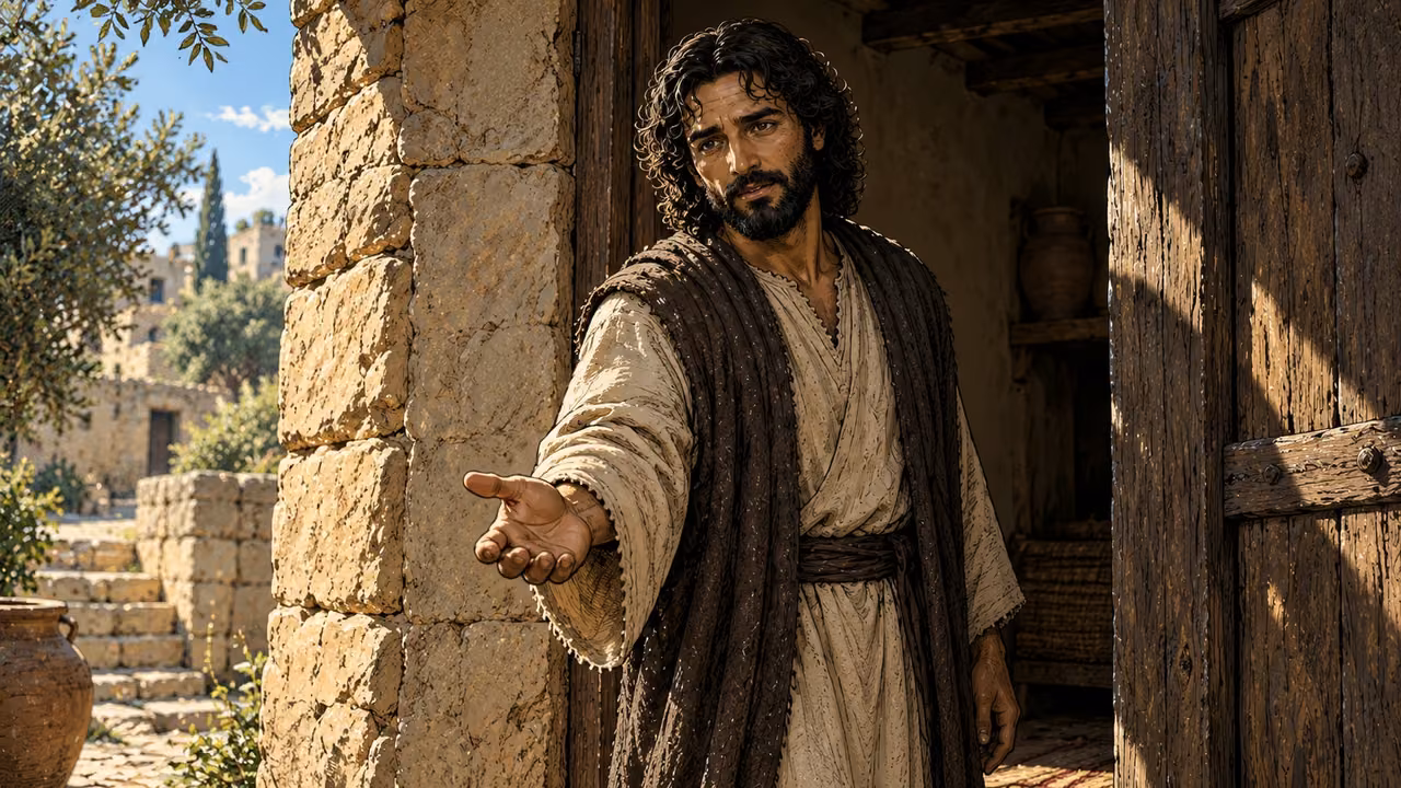 Jesus stands at an open doorway with an empty inviting hand.