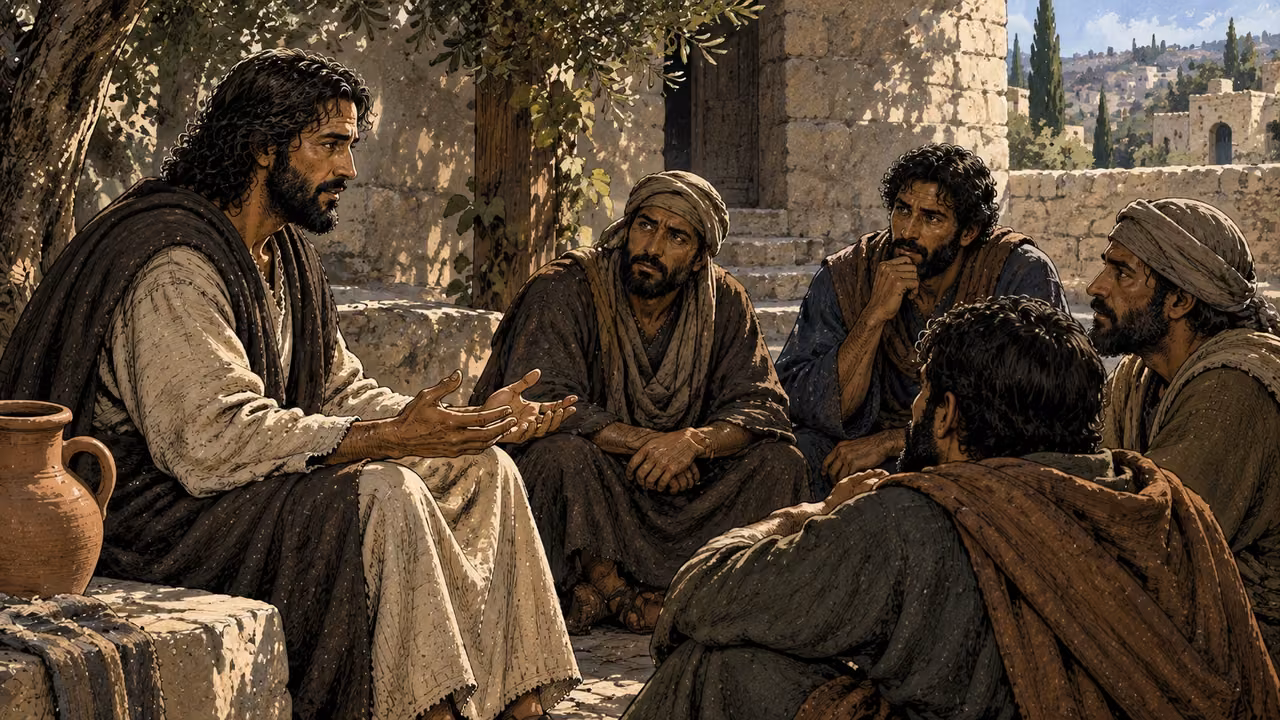 Jesus sits with four attentive disciples in a shaded stone courtyard.