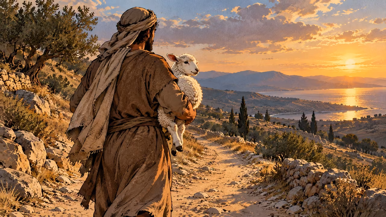 A traveler carries a live white lamb along a hillside road.