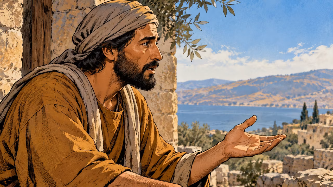 A disciple speaks with an open hand toward an unseen listener.