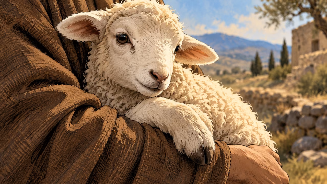 A live white lamb rests alertly against a supporting brown sleeve.