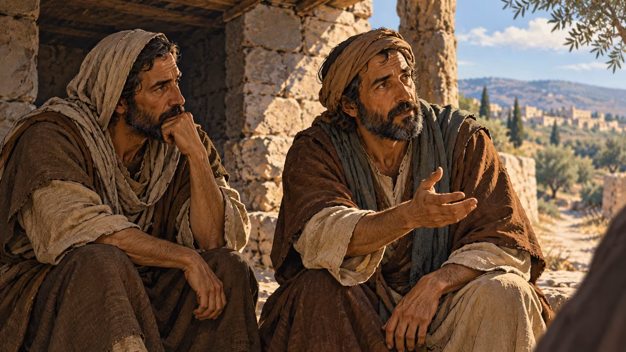Two disciples listen and reply at a plain roadside shelter.