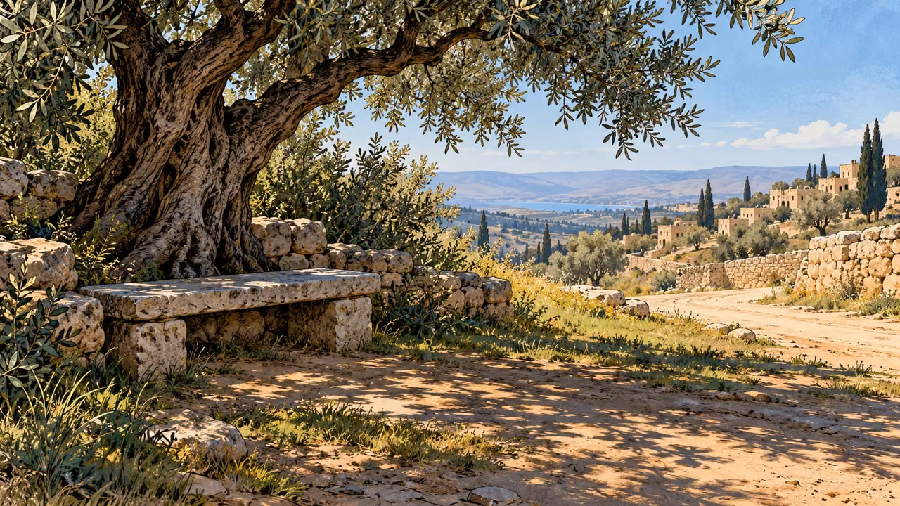 An empty stone bench rests in cool olive shade.