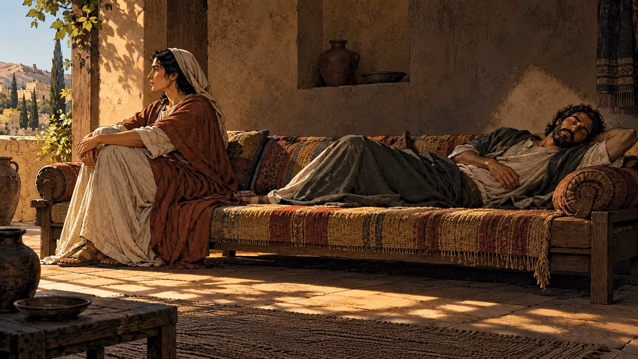 Two clothed adults rest in different postures on a plain couch.