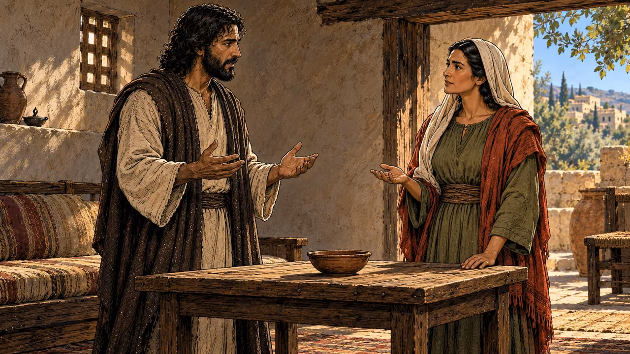 Salome questions Jesus across a simple table beside a low couch.