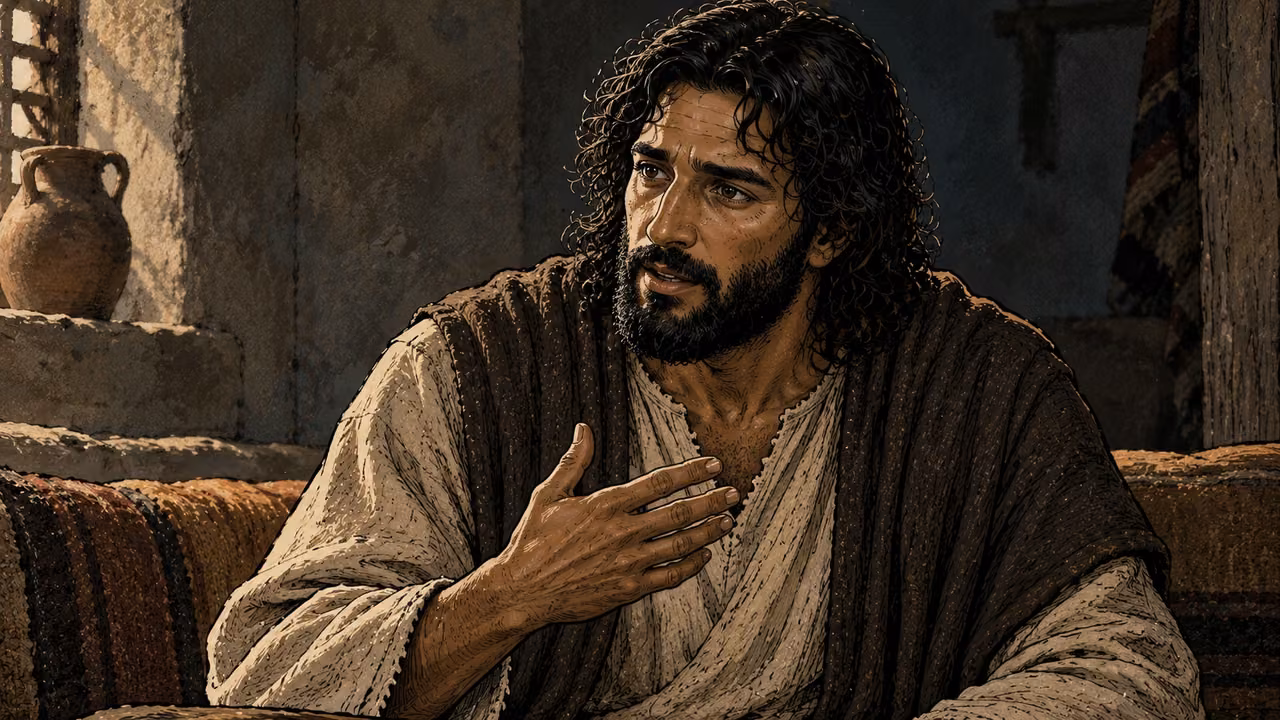 Jesus responds with an empty hand near his chest in the modest room.