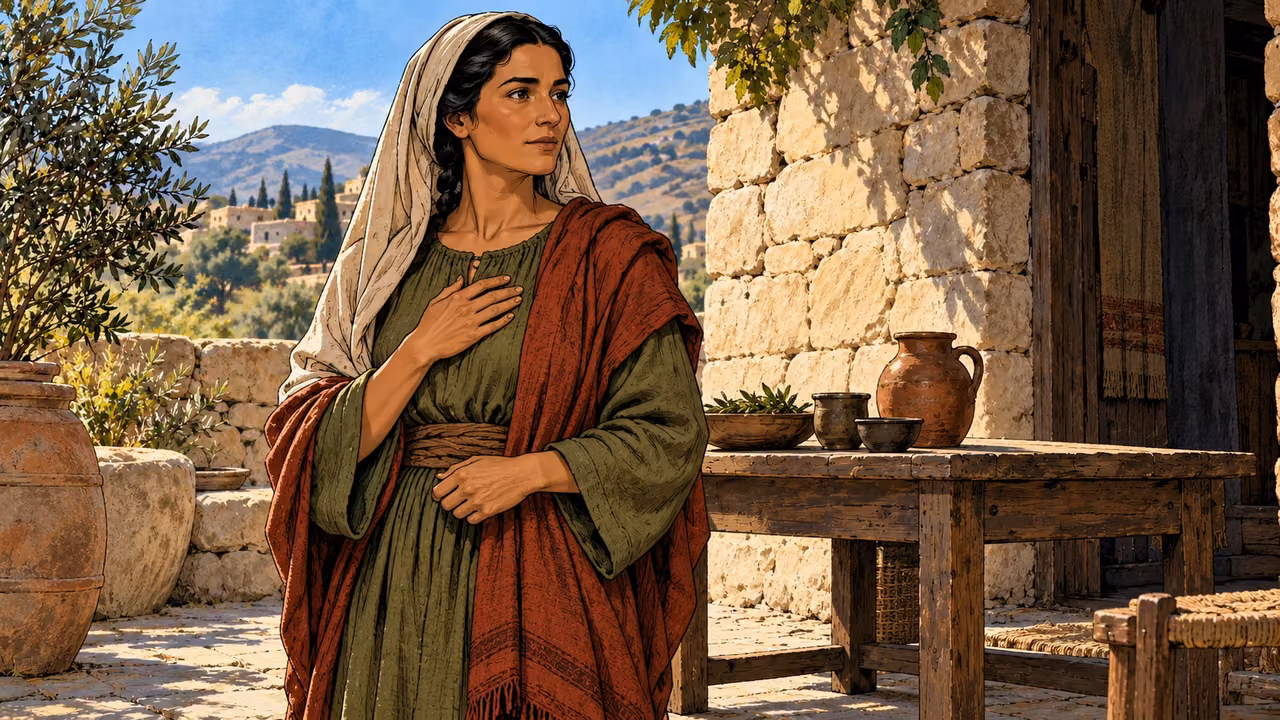 Salome replies with quiet resolve beside the table.