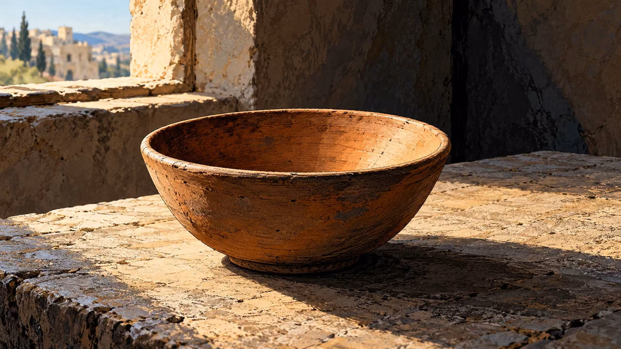 Natural window light falls into an empty clay bowl on a stone table.
