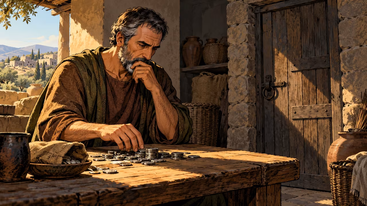 A landholder considers coins beside a closed storehouse.