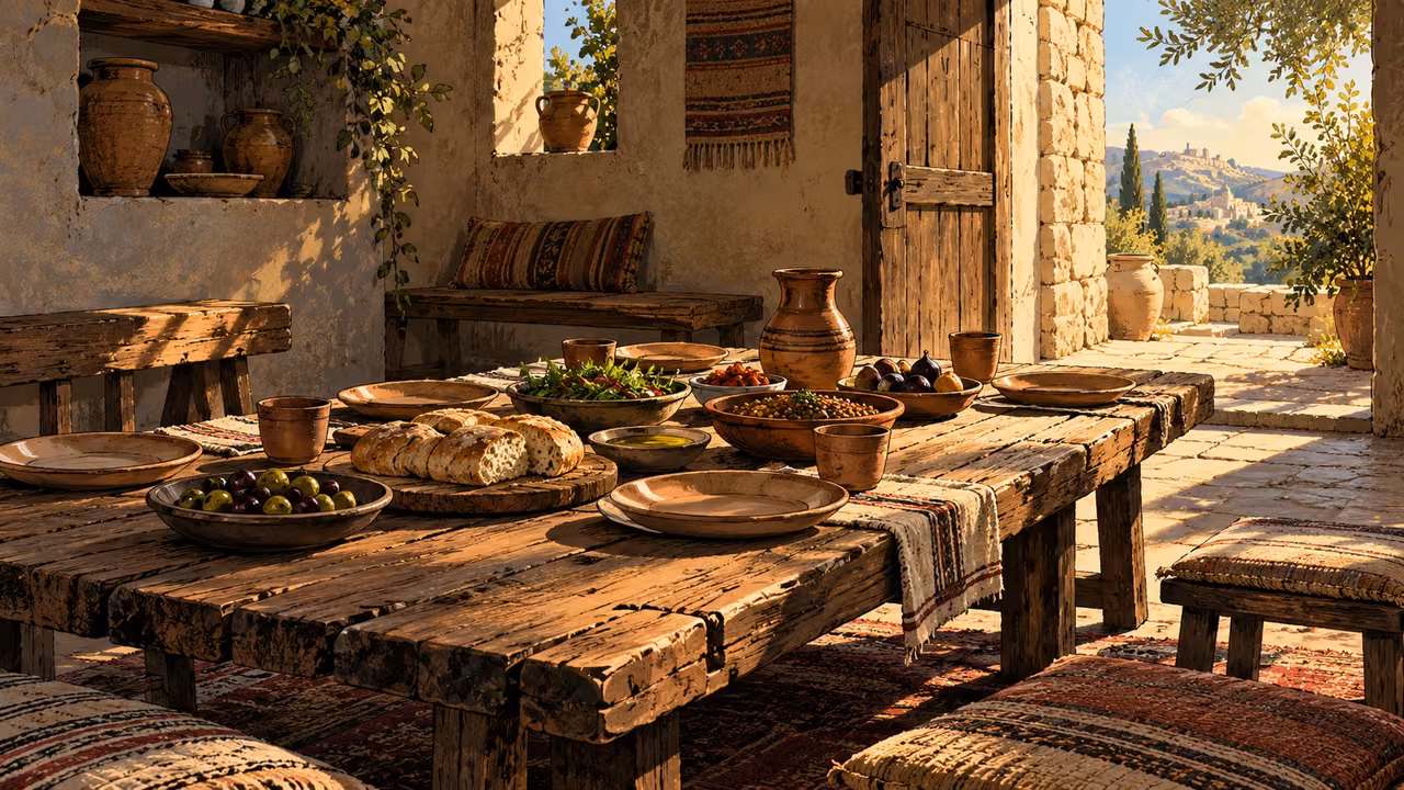 An empty table is laid for guests in a modest stone room.