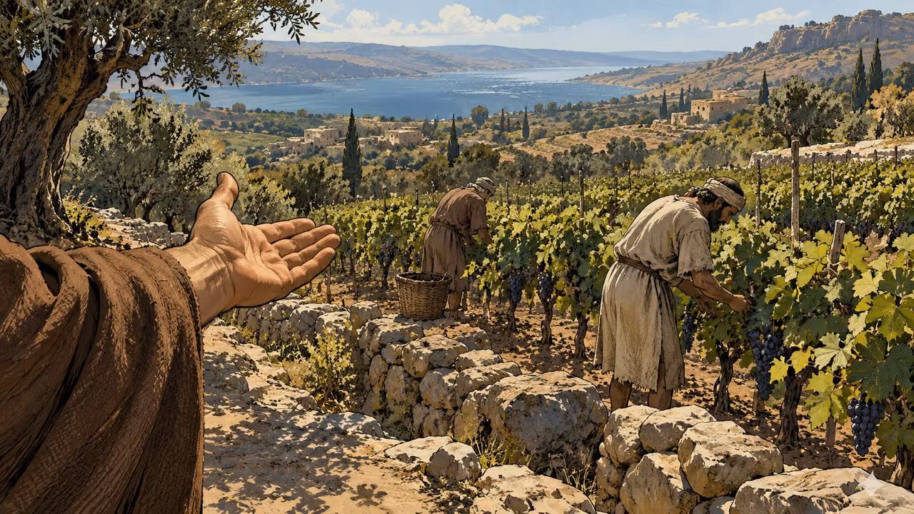 Workers tend vines beyond a brown-sleeved open hand.