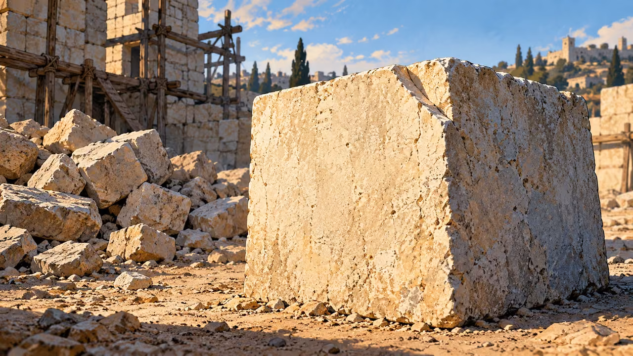 A roughly squared limestone block lies apart from construction offcuts.