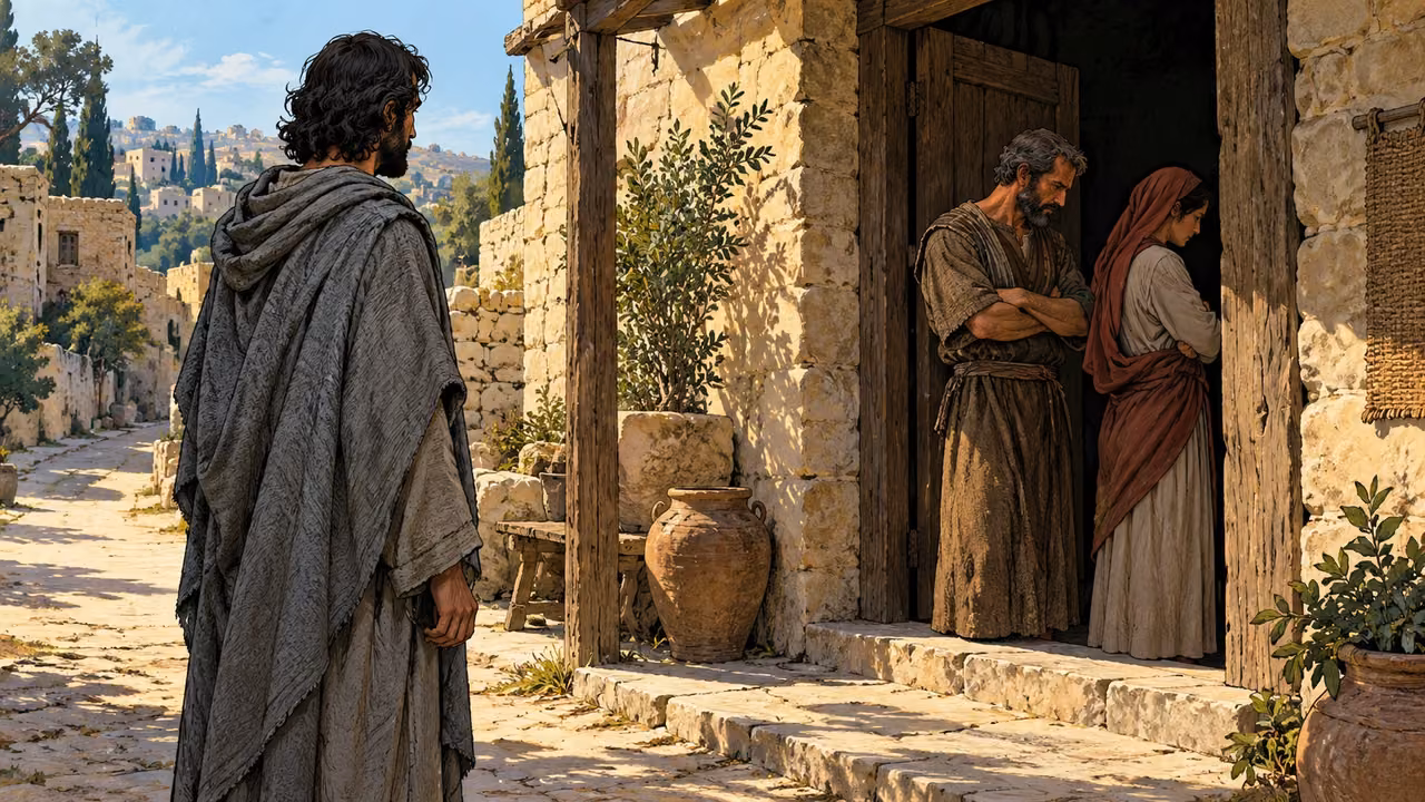 A solitary adult stands in a lane as two others turn away at a doorway.