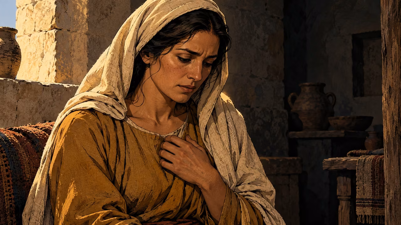 A woman sits quietly with an empty hand at her chest.