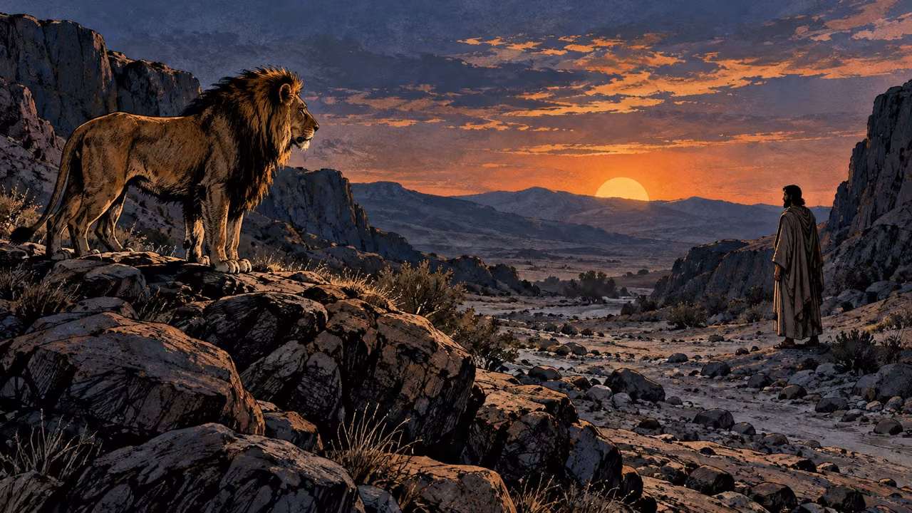 A lion and a human face each other across a rocky wadi at dusk.