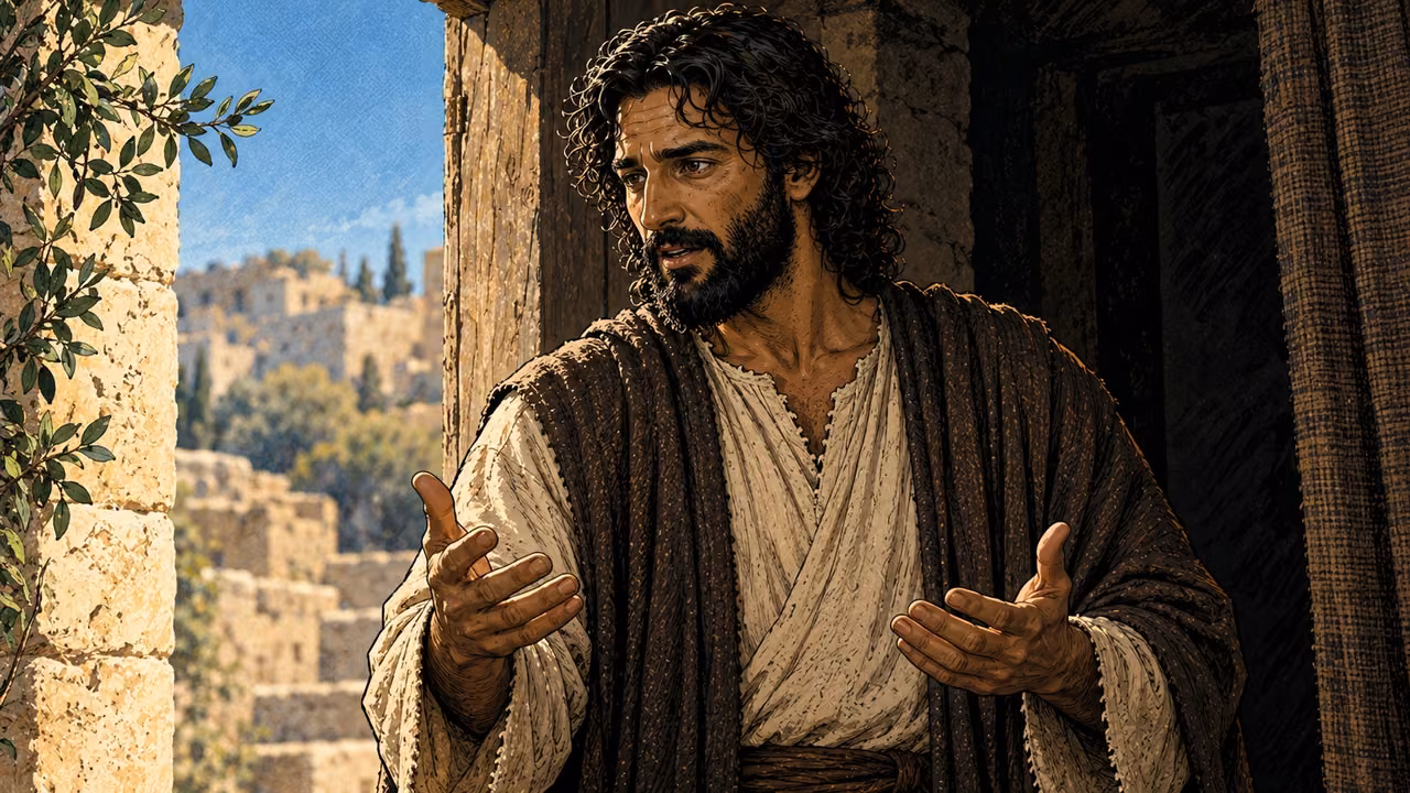 Jesus teaches with empty hands open near his chest.