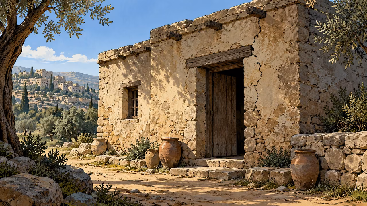 A weathered stone house stands beside an empty lane.