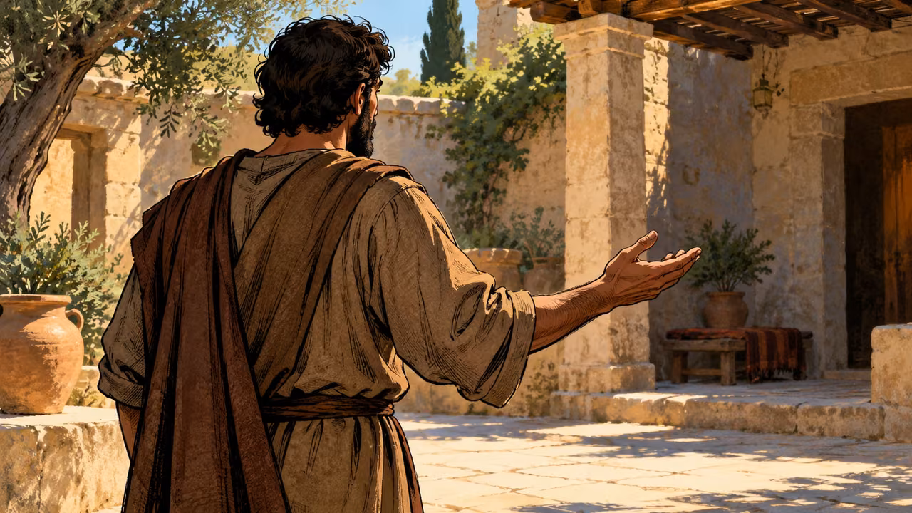 A man addresses an unseen listener with an open hand.