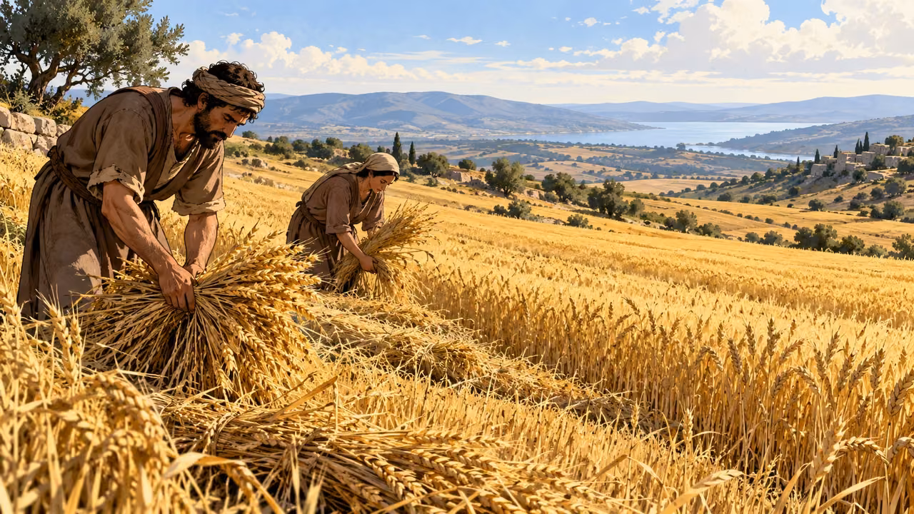 Two small workers gather grain beside a broad unharvested field.