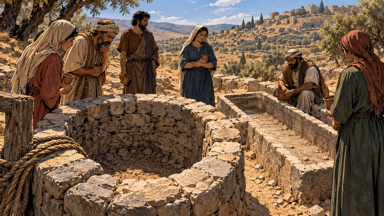 Adults wait with cups beside an empty trough and dry well.
