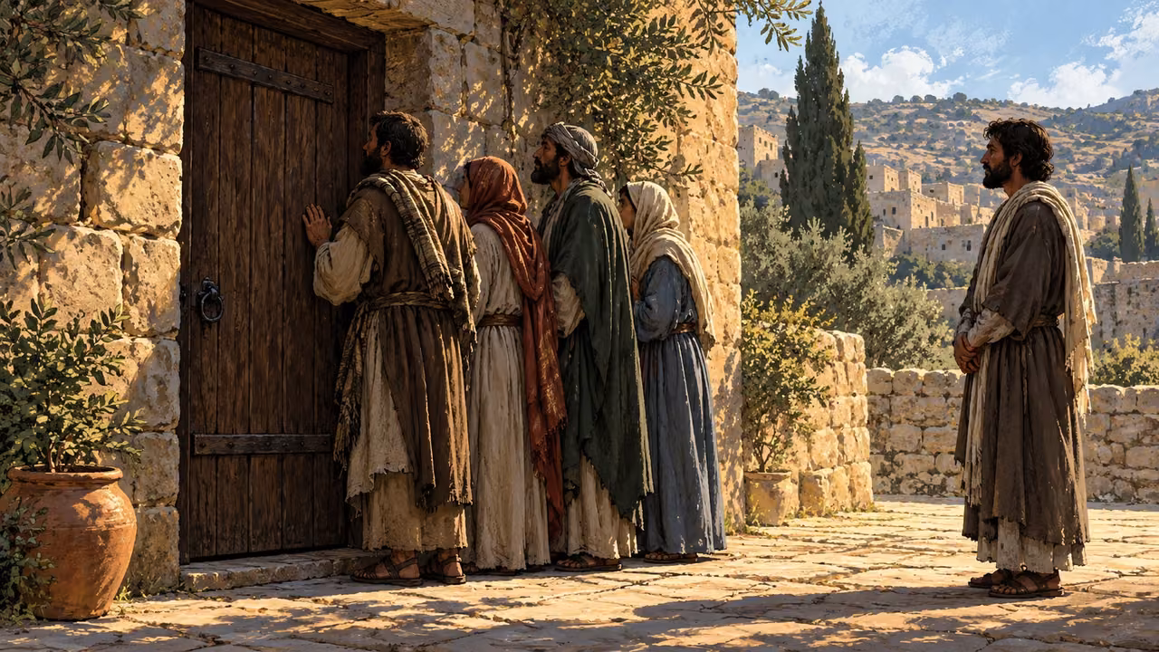 A solitary adult waits apart from a small group near a closed doorway.