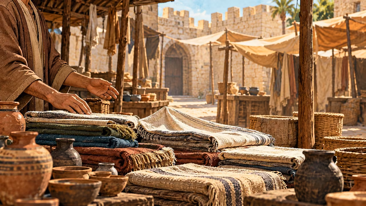 A merchant’s brown-sleeved hands rest beside cloth and clay goods.